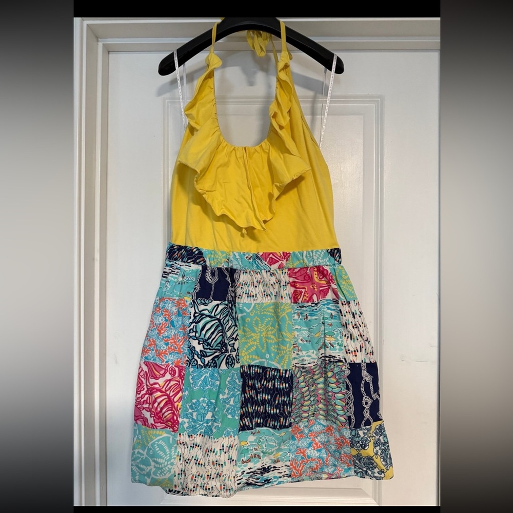 Lilly Pulitzer Yellow Ruffle Halter Dress with Multicolor Patchwork Skirt